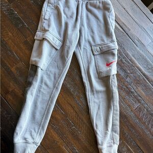 Nike Kids Gray Cargo Joggers with Red Logo